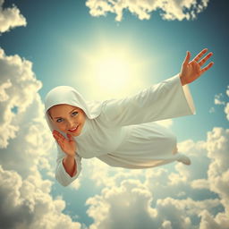 A beautiful, busty bald nun with striking blue eyes and vibrant red lips, gracefully falling from the sky in a dynamic pose, her hands clasped in prayer