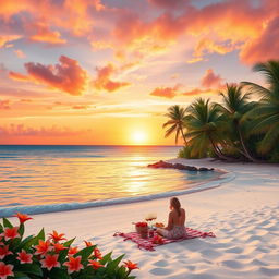 A vibrant and colorful scene of a tropical beach at sunset with palm trees swaying gently in the breeze