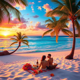 A vibrant and colorful scene of a tropical beach at sunset with palm trees swaying gently in the breeze