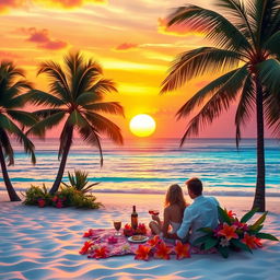 A vibrant and colorful scene of a tropical beach at sunset with palm trees swaying gently in the breeze