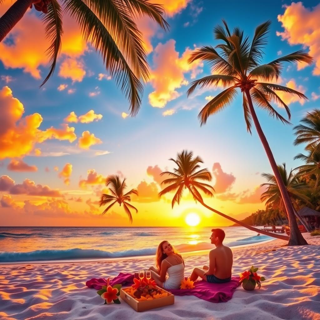 A vibrant and colorful scene of a tropical beach at sunset with palm trees swaying gently in the breeze