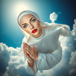 A stunning bald nun with beautiful blue eyes and bright red lips, wearing a classic nun's habit, gracefully falling from the sky