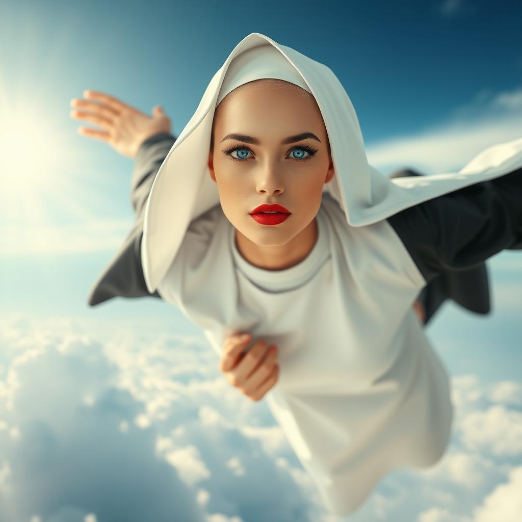 A stunning bald nun with beautiful blue eyes and bright red lips, wearing a classic nun's habit, gracefully falling from the sky