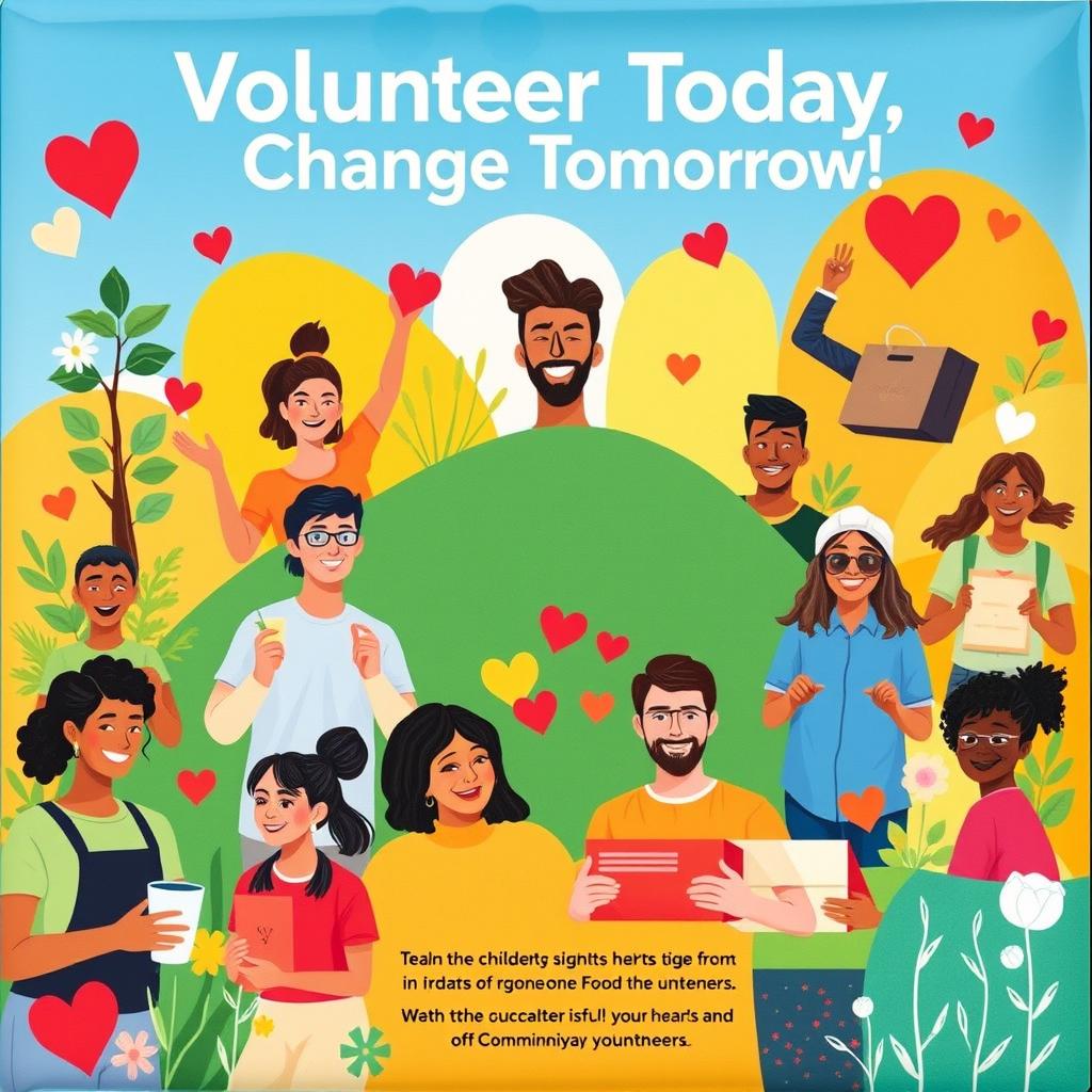 A vibrant and engaging poster highlighting the importance of volunteerism, featuring diverse individuals of different ages and ethnicities enthusiastically engaging in various volunteer activities such as planting trees, helping in the community, teaching children, and distributing food