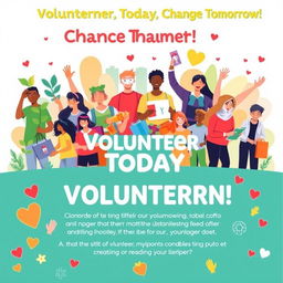 A vibrant and engaging poster highlighting the importance of volunteerism, featuring diverse individuals of different ages and ethnicities enthusiastically engaging in various volunteer activities such as planting trees, helping in the community, teaching children, and distributing food