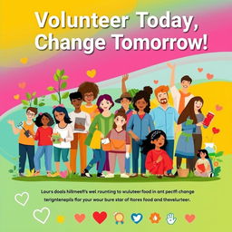 A vibrant and engaging poster highlighting the importance of volunteerism, featuring diverse individuals of different ages and ethnicities enthusiastically engaging in various volunteer activities such as planting trees, helping in the community, teaching children, and distributing food