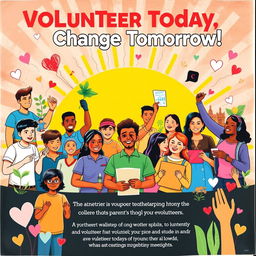A vibrant and engaging poster highlighting the importance of volunteerism, featuring diverse individuals of different ages and ethnicities enthusiastically engaging in various volunteer activities such as planting trees, helping in the community, teaching children, and distributing food