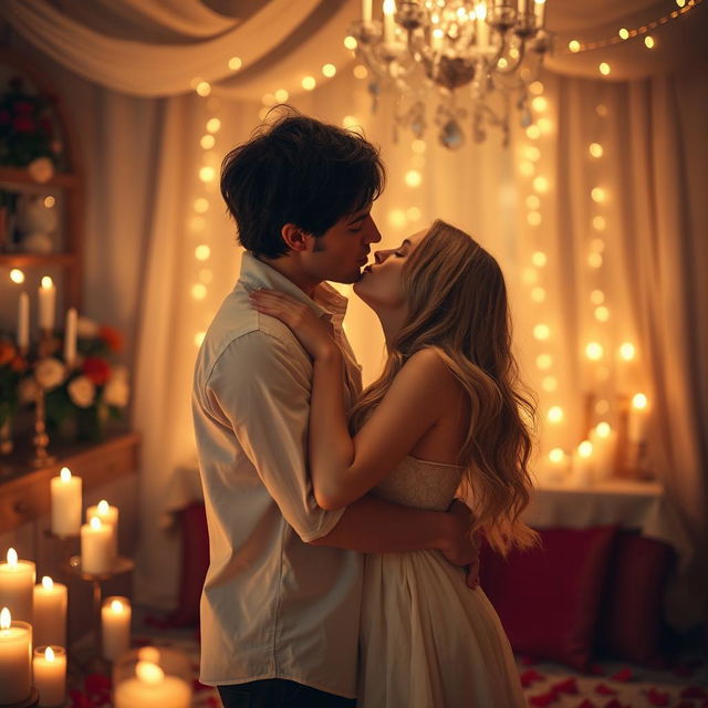 A romantic scene featuring two adults sharing a passionate kiss in a beautifully decorated, dimly lit room filled with candles and soft, warm colors