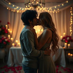 A romantic scene featuring two adults sharing a passionate kiss in a beautifully decorated, dimly lit room filled with candles and soft, warm colors