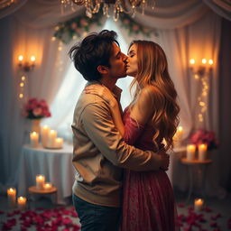 A romantic scene featuring two adults sharing a passionate kiss in a beautifully decorated, dimly lit room filled with candles and soft, warm colors