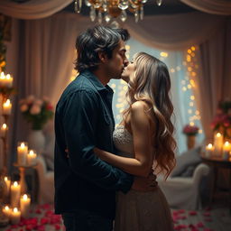 A romantic scene featuring two adults sharing a passionate kiss in a beautifully decorated, dimly lit room filled with candles and soft, warm colors