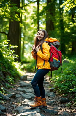 A young woman with long brown hair wearing a bright yellow hiking jacket and sturdy hiking boots, enthusiastically carrying a large, colorful backpack