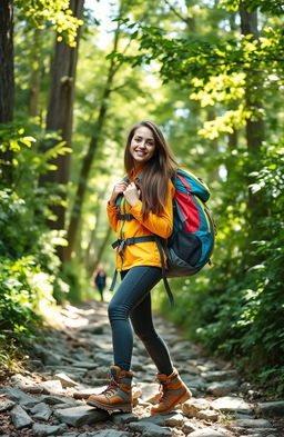 A young woman with long brown hair wearing a bright yellow hiking jacket and sturdy hiking boots, enthusiastically carrying a large, colorful backpack