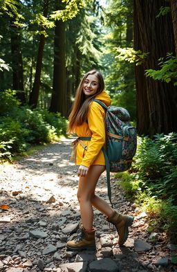 A young woman with long brown hair wearing a bright yellow hiking jacket and sturdy hiking boots, enthusiastically carrying a large, colorful backpack