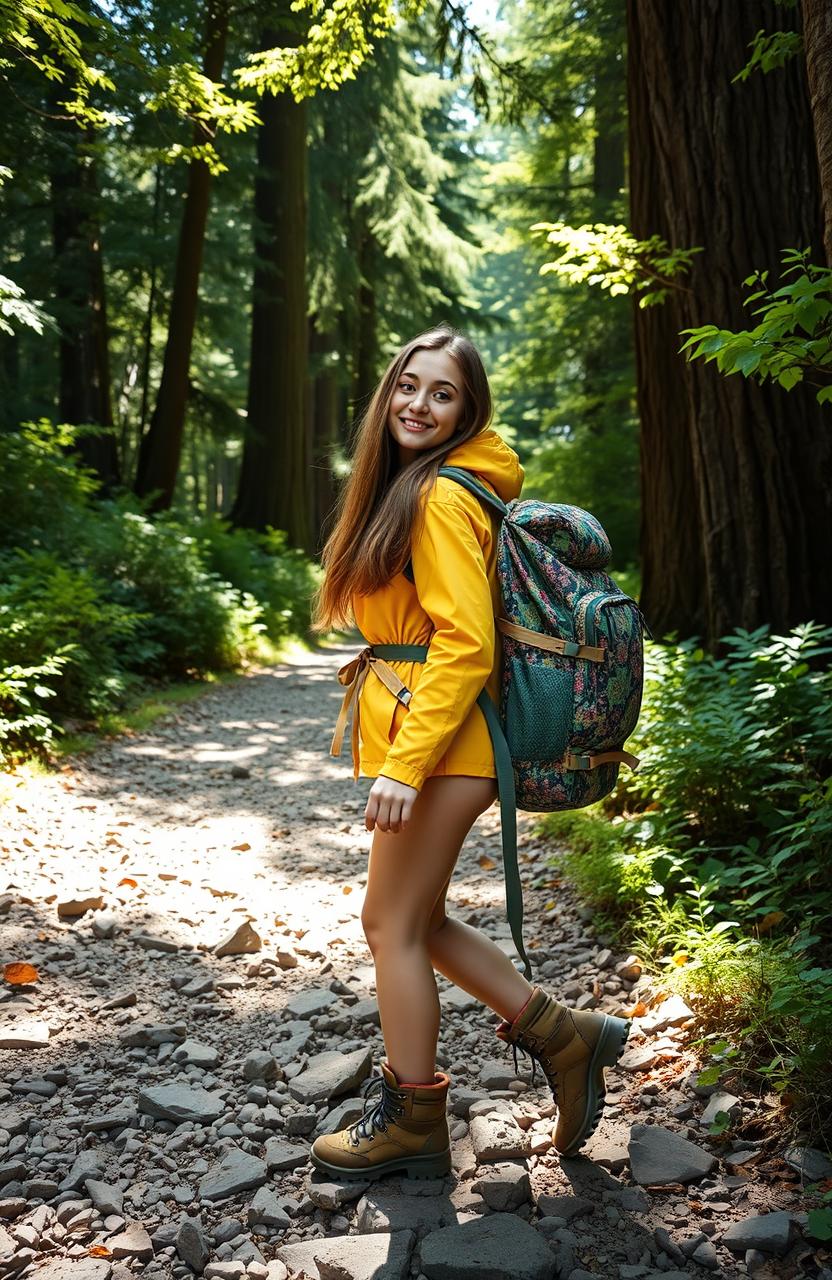 A young woman with long brown hair wearing a bright yellow hiking jacket and sturdy hiking boots, enthusiastically carrying a large, colorful backpack