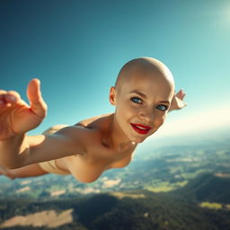 A beautiful bald woman with striking blue eyes and vibrant red lips is gracefully falling from a clear blue sky