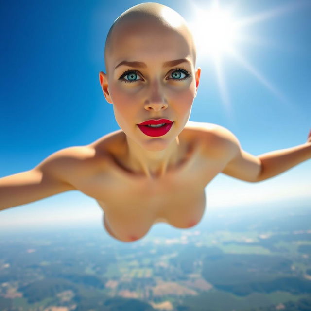 A beautiful bald woman with striking blue eyes and vibrant red lips is gracefully falling from a clear blue sky