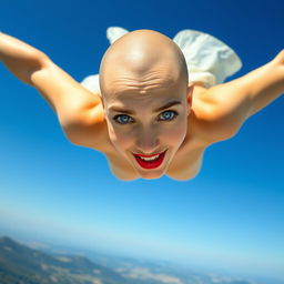 A beautiful bald woman with striking blue eyes and vibrant red lips is gracefully falling from a clear blue sky