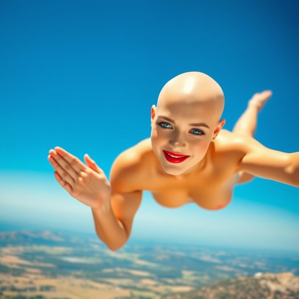 A beautiful bald woman with striking blue eyes and vibrant red lips is gracefully falling from a clear blue sky