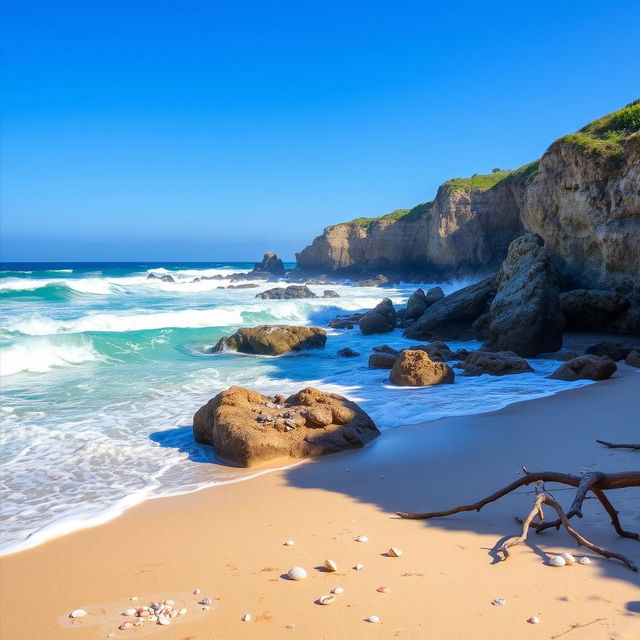 A beautiful seascape with soft waves crashing against rocky cliffs under a clear blue sky, vibrant colors reflecting the sunlight on the water