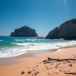 A beautiful seascape with soft waves crashing against rocky cliffs under a clear blue sky, vibrant colors reflecting the sunlight on the water