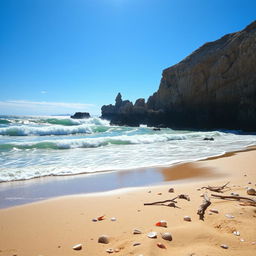 A beautiful seascape with soft waves crashing against rocky cliffs under a clear blue sky, vibrant colors reflecting the sunlight on the water