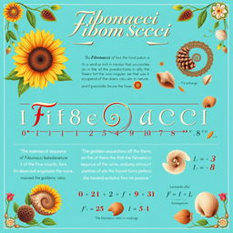 A visually stunning educational poster highlighting the Fibonacci sequence, elegantly illustrated with spirals and natural elements like sunflowers, pine cones, and seashells to demonstrate its presence in nature