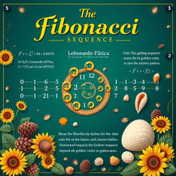 A visually stunning educational poster highlighting the Fibonacci sequence, elegantly illustrated with spirals and natural elements like sunflowers, pine cones, and seashells to demonstrate its presence in nature