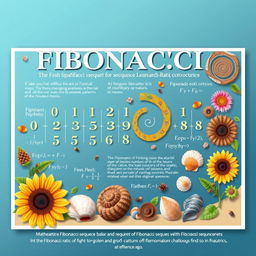 A visually stunning educational poster highlighting the Fibonacci sequence, elegantly illustrated with spirals and natural elements like sunflowers, pine cones, and seashells to demonstrate its presence in nature