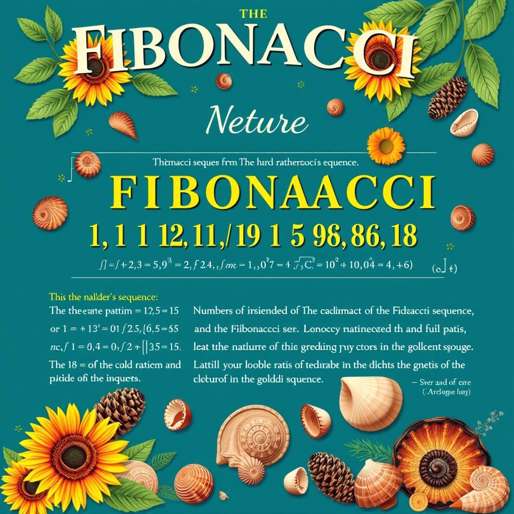 A visually stunning educational poster highlighting the Fibonacci sequence, elegantly illustrated with spirals and natural elements like sunflowers, pine cones, and seashells to demonstrate its presence in nature
