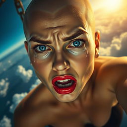 A beautiful busty bald woman with striking blue eyes and vibrant red lips, depicted mid-fall from the sky