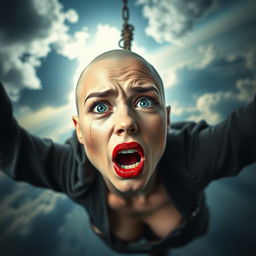 A beautiful busty bald woman with striking blue eyes and vibrant red lips, depicted mid-fall from the sky