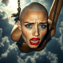 A beautiful busty bald woman with striking blue eyes and vibrant red lips, depicted mid-fall from the sky