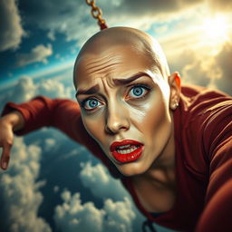 A beautiful busty bald woman with striking blue eyes and vibrant red lips, depicted mid-fall from the sky