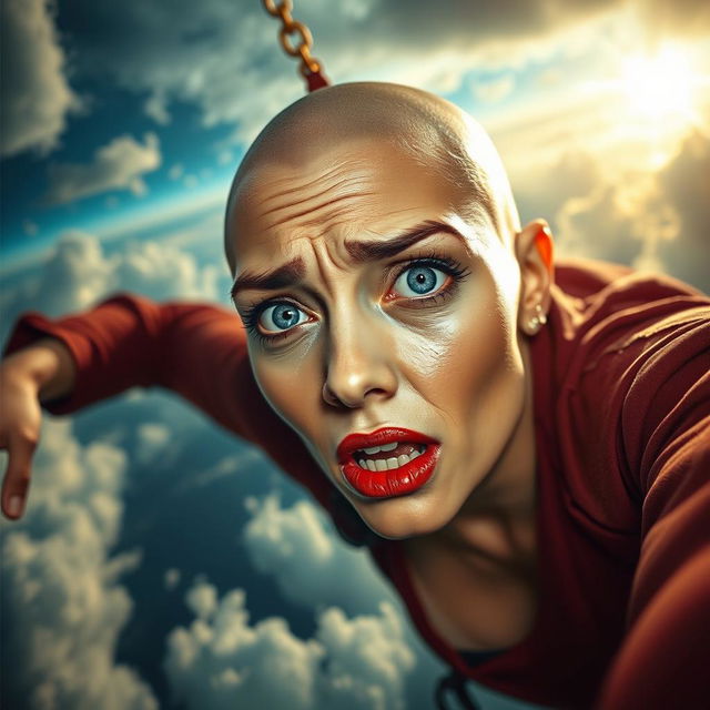 A beautiful busty bald woman with striking blue eyes and vibrant red lips, depicted mid-fall from the sky