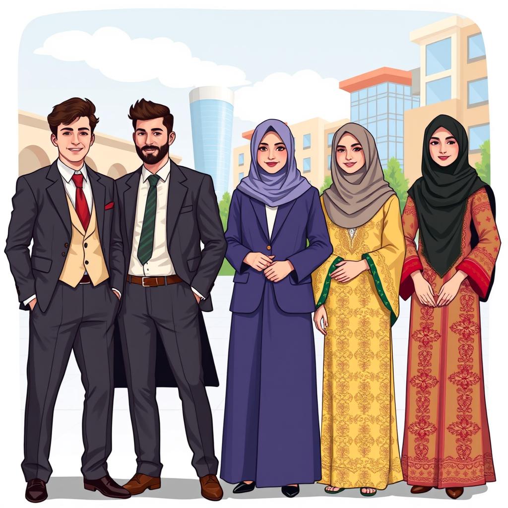 An illustration depicting the university uniforms for male and female students in Iraqi universities