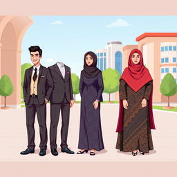 An illustration depicting the university uniforms for male and female students in Iraqi universities