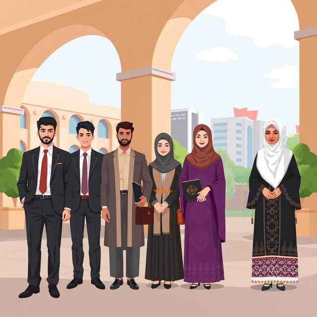 An illustration depicting the university uniforms for male and female students in Iraqi universities