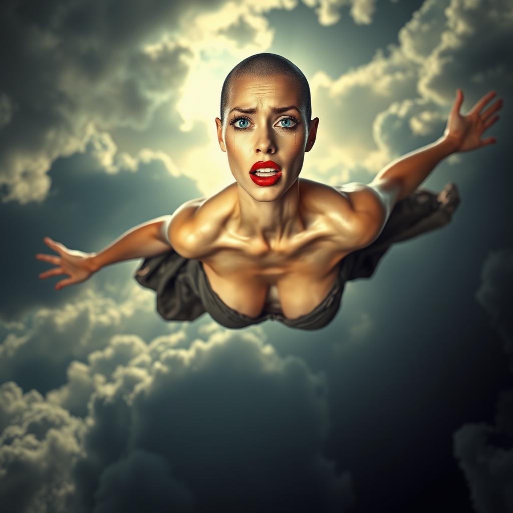 A beautiful, busty bald woman with striking blue eyes and vibrant red lips, falling from a cloudy sky