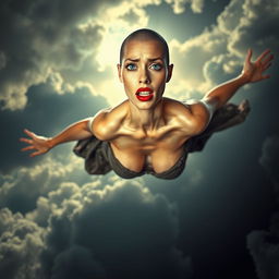 A beautiful, busty bald woman with striking blue eyes and vibrant red lips, falling from a cloudy sky