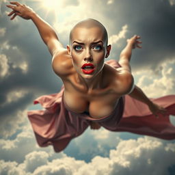 A beautiful, busty bald woman with striking blue eyes and vibrant red lips, falling from a cloudy sky