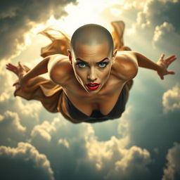 A beautiful, busty bald woman with striking blue eyes and vibrant red lips, falling from a cloudy sky