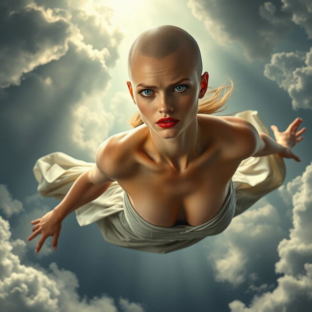 A beautiful, busty bald woman with striking blue eyes and vibrant red lips, falling from a cloudy sky