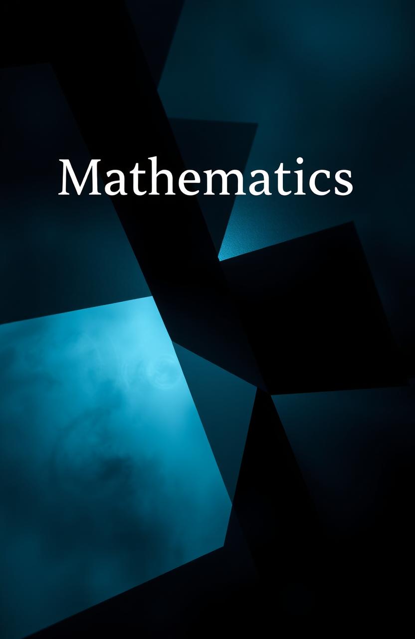 A mysterious and intriguing mathematics book cover design featuring abstract geometric shapes, dark and moody colors like deep blues and blacks, with hints of glowing light in the shapes to create a captivating visual effect