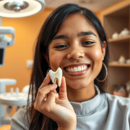 A glad patient holding a tooth in their hand, showcasing a successful and painless dental extraction experience