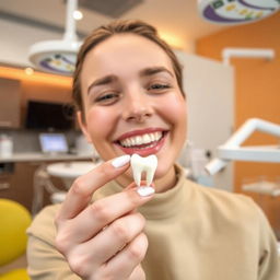 A glad patient holding a tooth in their hand, showcasing a successful and painless dental extraction experience