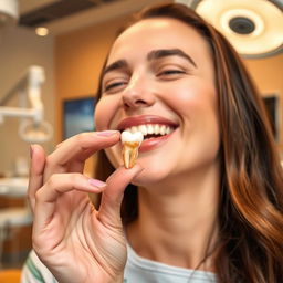 A glad patient holding a tooth in their hand, showcasing a successful and painless dental extraction experience