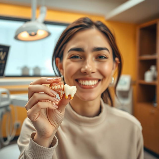 A glad patient holding a tooth in their hand, showcasing a successful and painless dental extraction experience