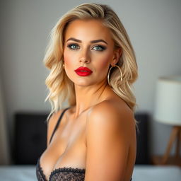 A beautiful blonde woman wearing elegant lingerie, with striking red lipstick that enhances her features