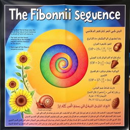 A visually appealing educational poster about the Fibonacci sequence featuring a spiral design, vibrant colors, and intricate patterns symbolizing growth and nature